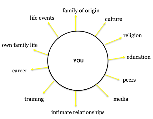 Diagram displaying the influences on an individual, e.g. family, culture, etc.
